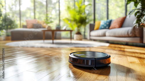 Smart robot vacuum cleaning a modern living room with sunlight streaming through large windows, reflecting a blend of technology and comfort in a tidy home