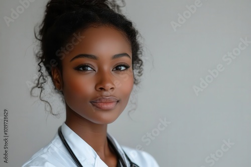 striking portrait of a black female doctor against a crisp white background showcasing professionalism and compassion highlighting the importance of diversity in healthcare