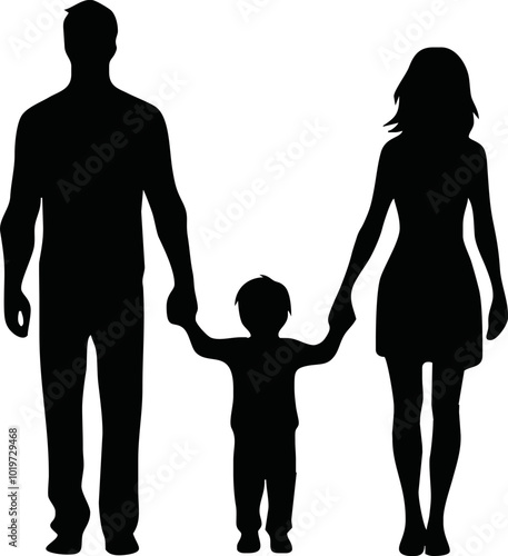 silhouette of a family of four holding hands, capturing the essence of unity and love. Ideal for designs that celebrate togetherness, harmony, and familial bonds