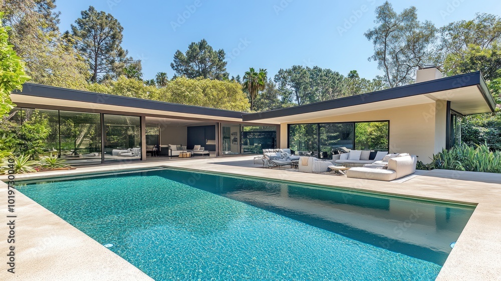 Fototapeta premium Modern house with a pool surrounded by greenery in a serene outdoor setting.
