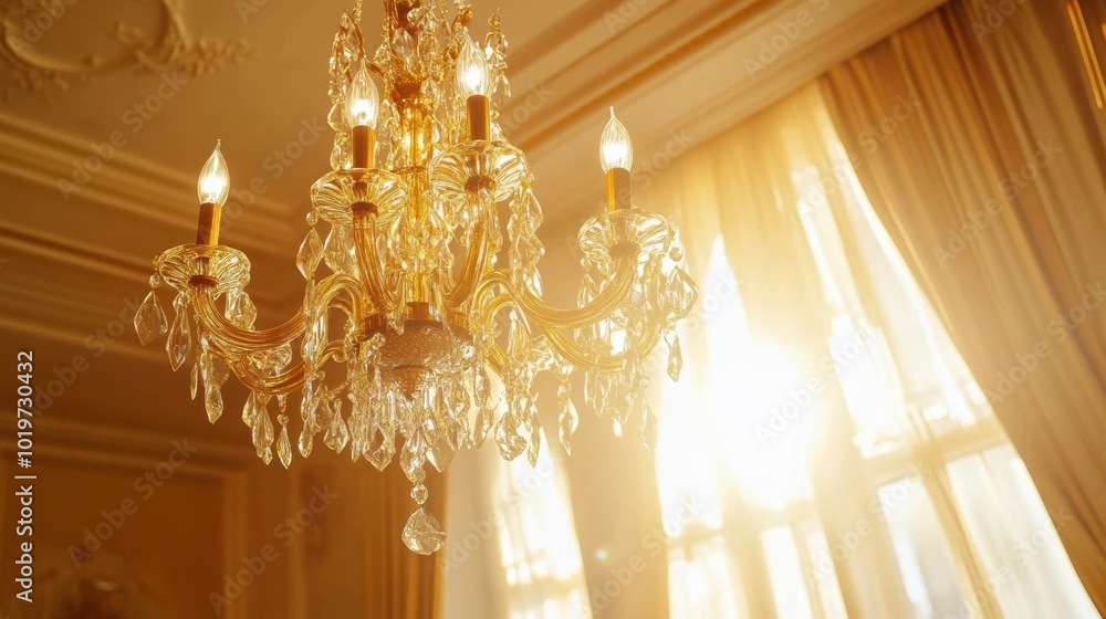Elegant interior with golden light filling the space, showcasing a chandelier and refined decor. Concept of luxury living and classical elegance. Elegant interior with golden light filling the space, showcasing a chandelier and refined decor. Concept of luxury living and classical elegance.