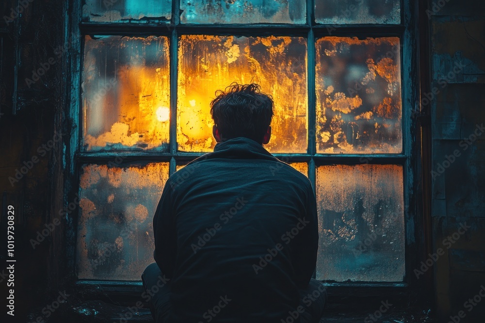 Silhouette of a Man Gazing at the Golden Sunset Through a Frosted Window Silhouette of a Man Gazing at the Golden Sunset Through a Frosted Window