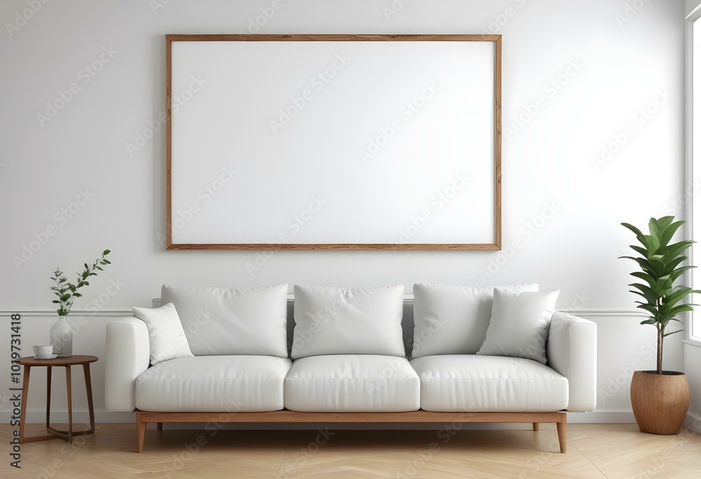 A white sofa with wooden legs in a minimalist living room setting, with a large blank white frame on the wall above the couch. A white sofa with wooden legs in a minimalist living room setting, with a large blank white frame on the wall above the couch.