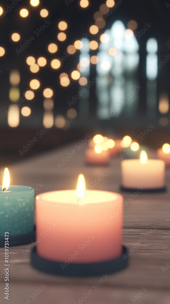 A teal and pink candle on a wooden surface with warm light reflecting in the background A teal and pink candle on a wooden surface with warm light reflecting in the background