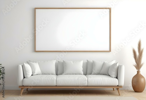 A white sofa with wooden legs in a minimalist living room setting, with a large blank white frame on the wall above the couch.