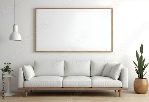 A white sofa with wooden legs in a minimalist living room setting, with a large blank white frame on the wall above the couch.