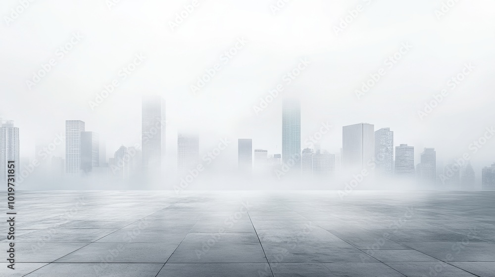 Foggy urban skyline with a wide open concrete floor in the foreground, evoking modern architecture. Concept of urbanization and cityscape backgrounds. Foggy urban skyline with a wide open concrete floor in the foreground, evoking modern architecture. Concept of urbanization and cityscape backgrounds.