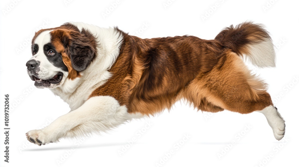A Saint Bernard dog leaping in mid-air, showcasing its playful and energetic nature. A Saint Bernard dog leaping in mid-air, showcasing its playful and energetic nature.