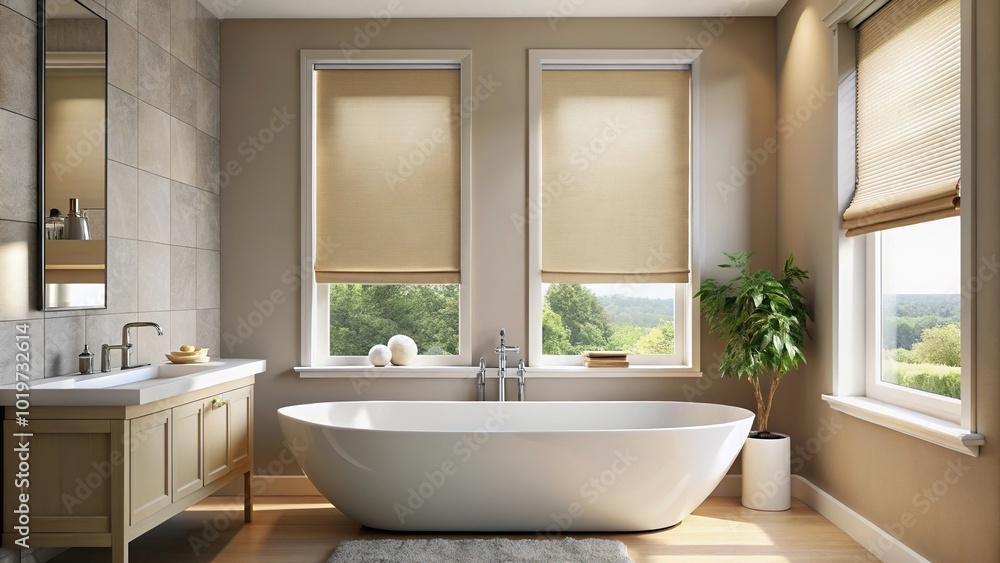 Beige blackout roller blind on windows in stylish modern bedroom with shutters on plastic window in depth of field Beige blackout roller blind on windows in stylish modern bedroom with shutters on plastic window in depth of field