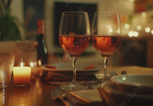 Wallpaper Mural Two glasses of wine on a dinner table, a couple sharing an intimate gaze in the blurred background, soft evening glow Torontodigital.ca