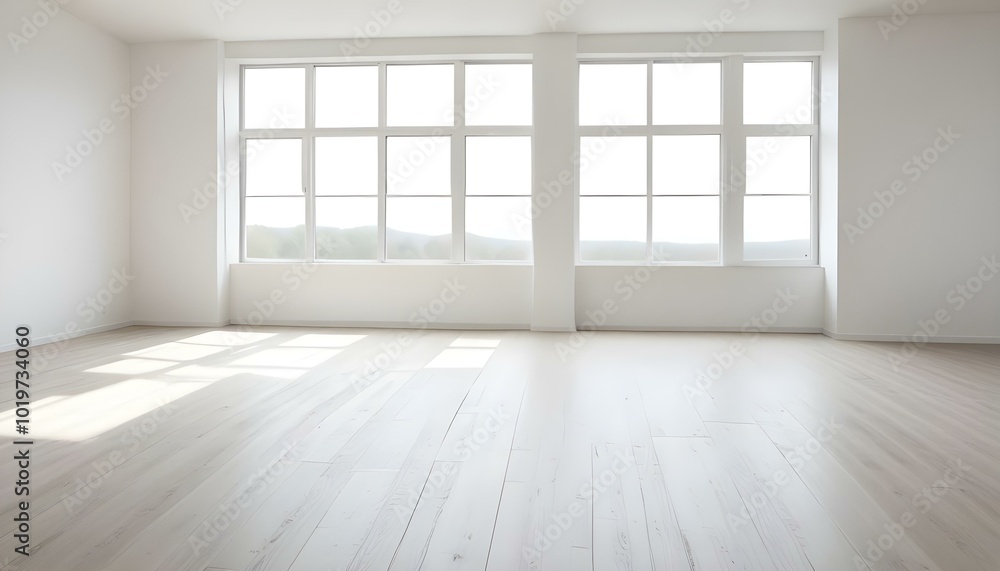 Empty white room with large windows and wooden floor. Empty white room with large windows and wooden floor.