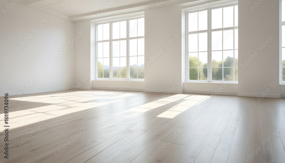 Fototapeta premium Empty white room with large windows and wooden floor.