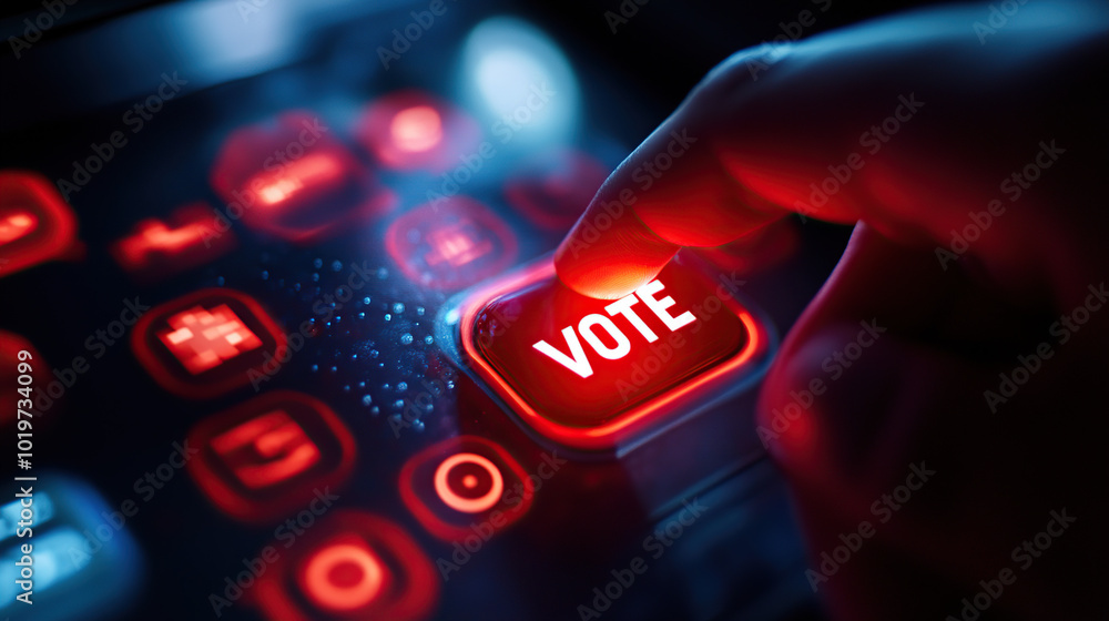 Obraz premium Close-up of a finger about to press a glowing red button with the text 