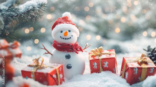 Snow-covered landscape featuring a snowman and bright gift boxes, capturing the festive charm of a winter wonderland.