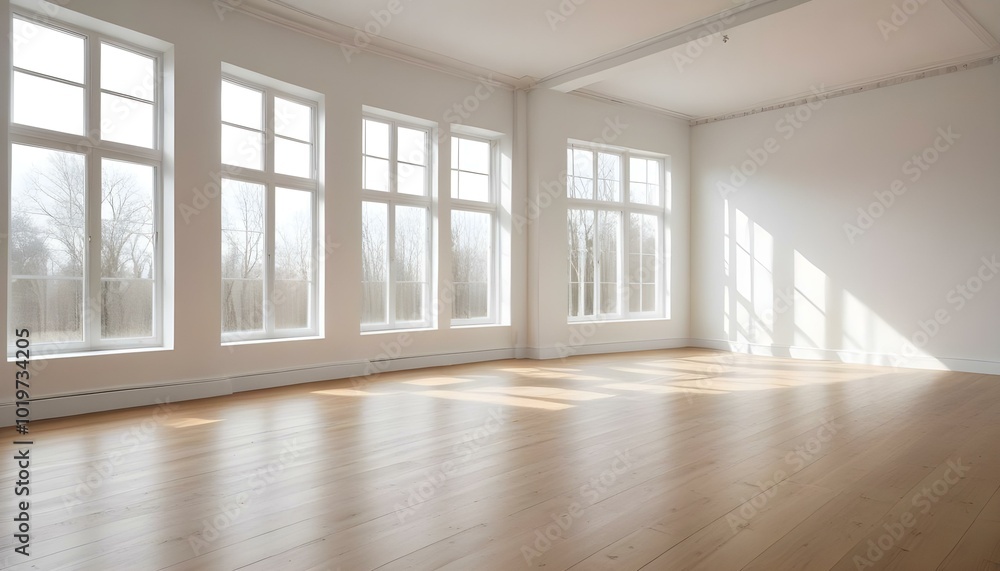 Fototapeta premium Empty white room with large windows and wooden floor.