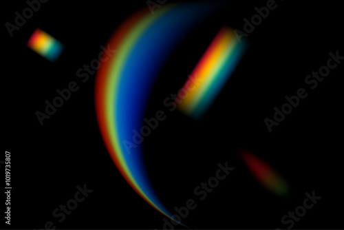 Dynamic lens flare and rainbow prism effect on transparent background. Rainbow light rays, lens flare, reflection effect from crystal, glass or gem. Blur colorful rainbow crystal light leaks.