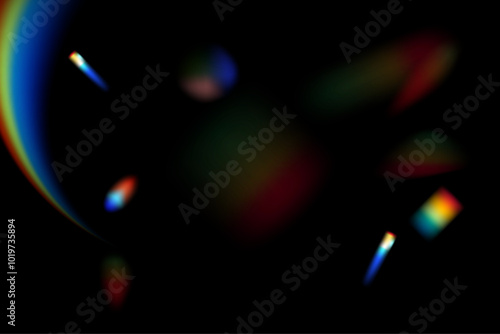 Dynamic lens flare and rainbow prism effect on transparent background. Rainbow light rays, lens flare, reflection effect from crystal, glass or gem. Blur colorful rainbow crystal light leaks.