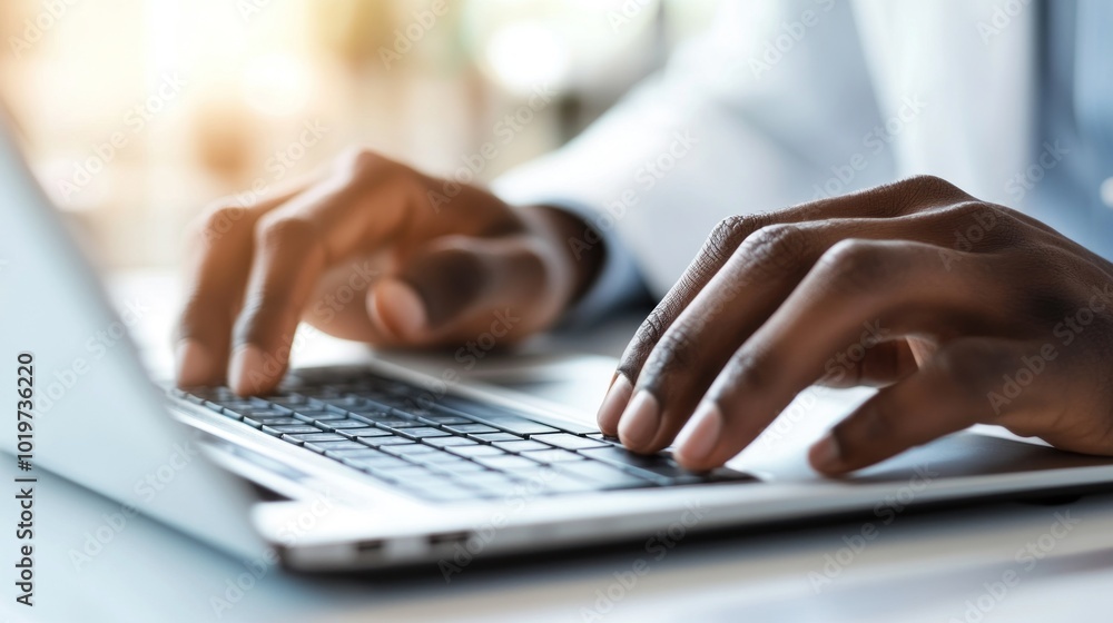 Close-up of hands typing on a laptop, emphasizing productivity and technology use. Close-up of hands typing on a laptop, emphasizing productivity and technology use.