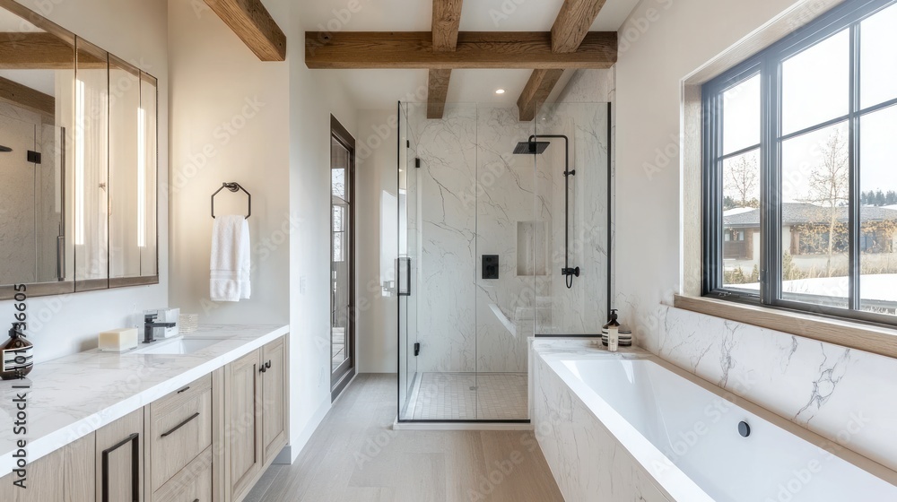Modern bathroom with shower, bathtub, and natural light. Modern bathroom with shower, bathtub, and natural light.