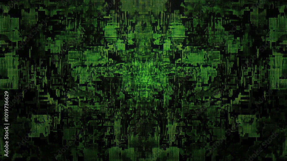 Dark abstract art background with broken squares and glowing green lines geometric futuristic circuit board, digital art with glowing moss green color Dark abstract art background with broken squares and glowing green lines geometric futuristic circuit board, digital art with glowing moss green color