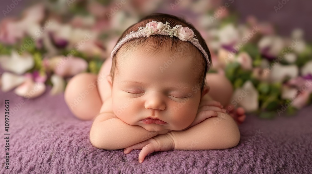 A serene sleeping baby adorned with a floral headband on a soft purple backdrop.