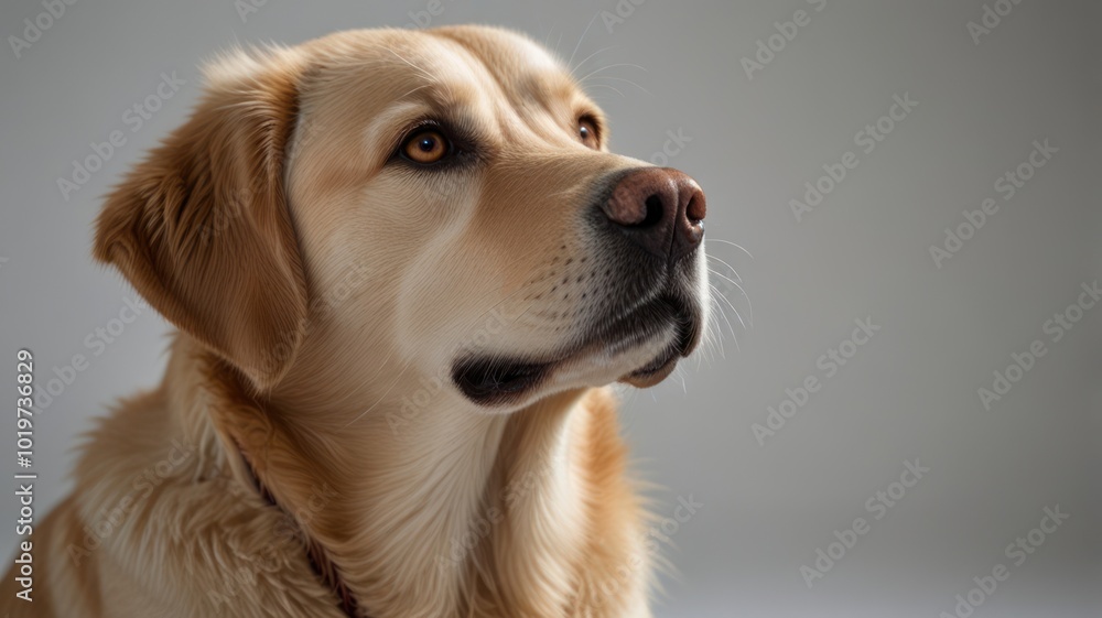 A golden retriever dog looking up with a soft, gentle expression. A golden retriever dog looking up with a soft, gentle expression.