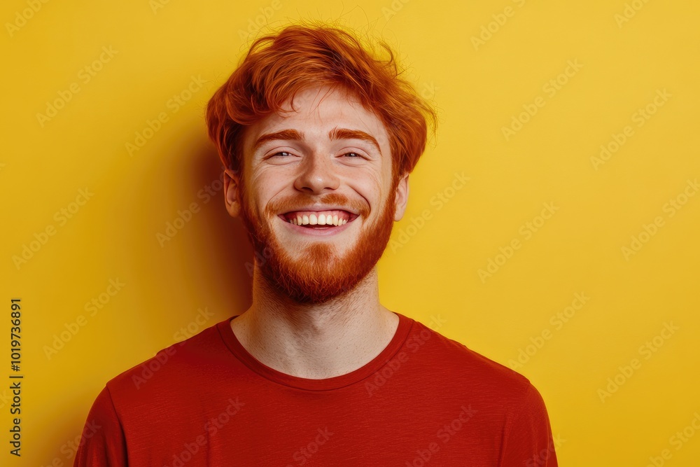 Portrait of a smiling redhead man wearing a red shirt against a yellow background Portrait of a smiling redhead man wearing a red shirt against a yellow background