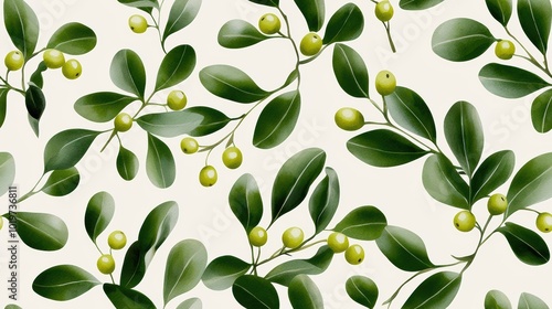 Green leaves and berries pattern on a light background.