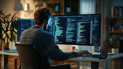 A person working on programming tasks at a dual-monitor setup in a cozy workspace.