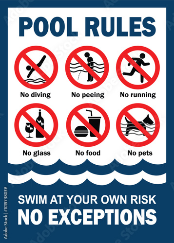 Swimming pool rules sign. Prohibited actions in swimming pool