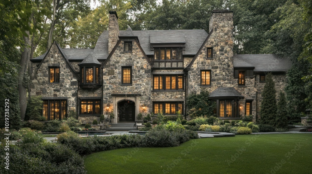A charming stone mansion surrounded by lush greenery and well-maintained landscaping. A charming stone mansion surrounded by lush greenery and well-maintained landscaping.