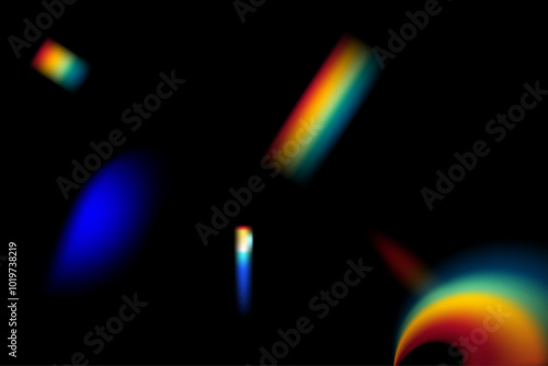 Dynamic lens flare and rainbow prism effect on transparent background. Rainbow light rays, lens flare, reflection effect from crystal, glass or gem. Blur colorful rainbow crystal light leaks.
