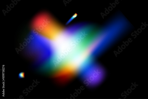 Dynamic lens flare and rainbow prism effect on transparent background. Rainbow light rays, lens flare, reflection effect from crystal, glass or gem. Blur colorful rainbow crystal light leaks.