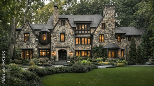 A charming stone mansion surrounded by lush greenery and well-maintained landscaping.