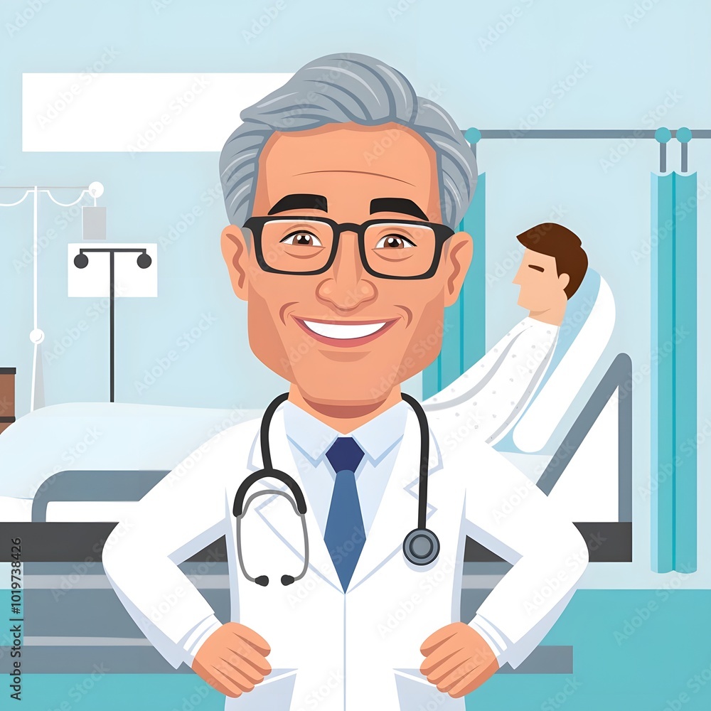 A cheerful cartoon doctor with gray hair and glasses, wearing a white coat and stethoscope, standing confidently with hands on hips, smiling. A cheerful cartoon doctor with gray hair and glasses, wearing a white coat and stethoscope, standing confidently with hands on hips, smiling.