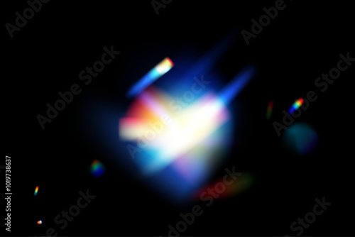 Dynamic lens flare and rainbow prism effect on transparent background. Rainbow light rays, lens flare, reflection effect from crystal, glass or gem. Blur colorful rainbow crystal light leaks.