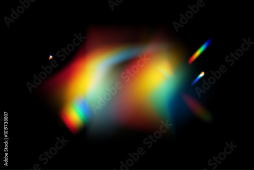 Dynamic lens flare and rainbow prism effect on transparent background. Rainbow light rays, lens flare, reflection effect from crystal, glass or gem. Blur colorful rainbow crystal light leaks.