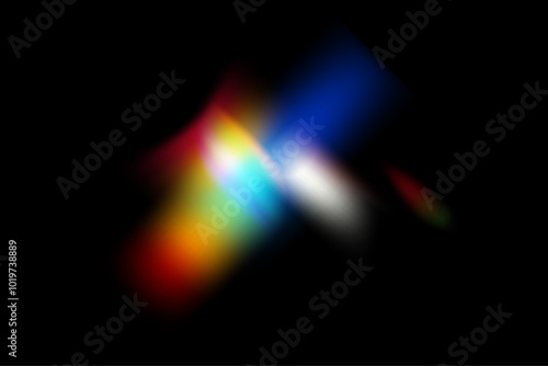 Dynamic lens flare and rainbow prism effect on transparent background. Rainbow light rays, lens flare, reflection effect from crystal, glass or gem. Blur colorful rainbow crystal light leaks.