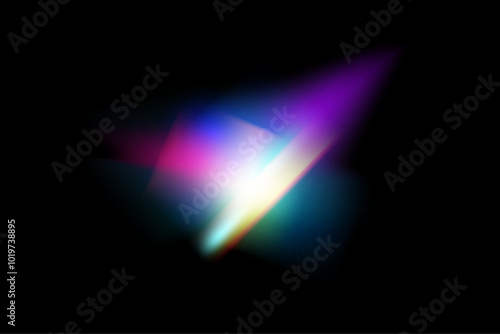 Dynamic lens flare and rainbow prism effect on transparent background. Rainbow light rays, lens flare, reflection effect from crystal, glass or gem. Blur colorful rainbow crystal light leaks.