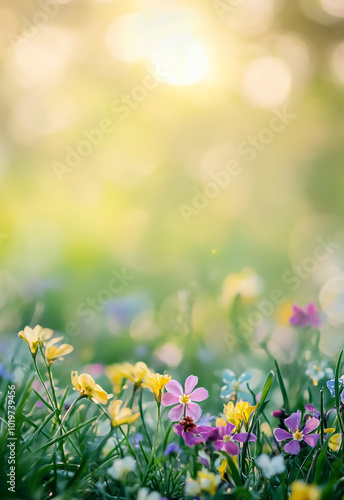 Wallpaper Mural spring natural background with flowers, sun burns and copy space with fresh grass and yellow dandelions against a defocused background Torontodigital.ca