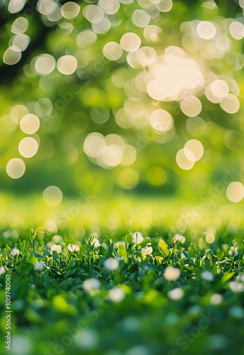Landscape with green grass with blooming dandelions against the background of trees in the garden. Vibrant tulips with dew drops against a soft focus background with warm bokeh lights