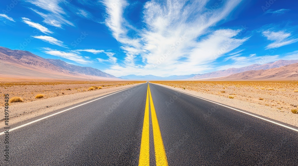 Naklejka premium Scenic Desert Road Under Bright Blue Sky
