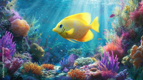 Vibrant Yellow Fish in Colorful Coral Reef