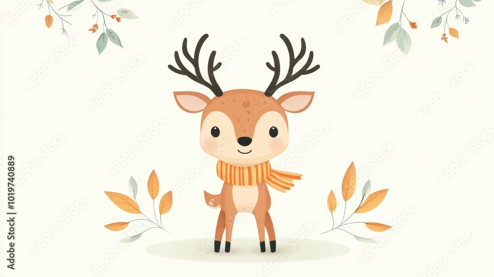 Adorable Cartoon Deer Character in Autumn Leaves and Scarf Adorable Cartoon Deer Character in Autumn Leaves and Scarf