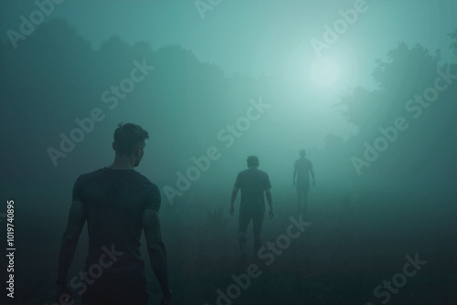Mysterious figures walking in foggy landscape under eerie light