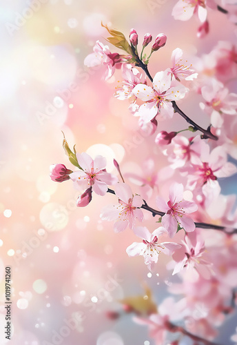 A serene and vibrant spring atmosphere. Spring banner featuring cherry plum tree blooms with copy space