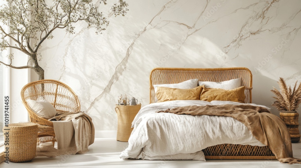 Cozy bedroom featuring natural elements and warm tones for relaxation. Cozy bedroom featuring natural elements and warm tones for relaxation.