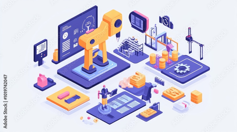 A dynamic smart factory environment with autonomous robots, depicting the streamlined processes enabled by 5G connectivity in modern manufacturing. A dynamic smart factory environment with autonomous robots, depicting the streamlined processes enabled by 5G connectivity in modern manufacturing.