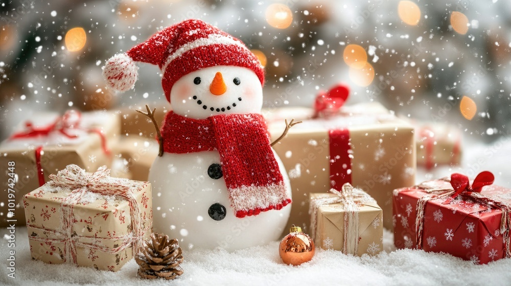 A festive snowman and neatly wrapped gift boxes in a serene winter wonderland, with snow gently falling. A festive snowman and neatly wrapped gift boxes in a serene winter wonderland, with snow gently falling.