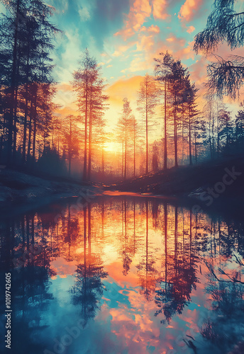 An image of a vibrant sunset over a serene lake, with colorful reflections shimmering sunset over the lake 